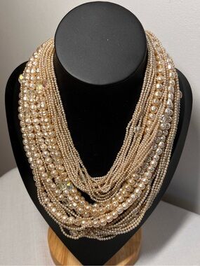Vintage Multi-Strand Faux Pearl Statement Necklace - Champagne Gold. Intricate